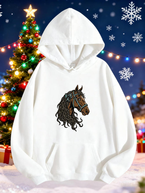 Women's Graphic Hoodie Elegant Brown Horse With Flowing Mane Gracefully Adorned Among Snowy Winter Backdrop Horse