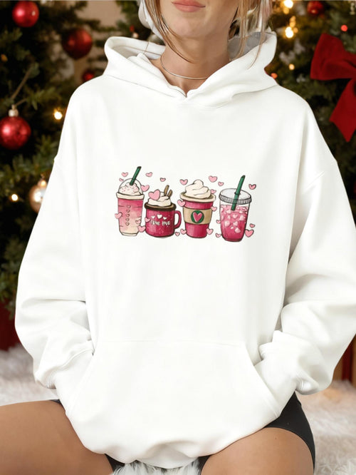 Women's Graphic Hoodie Festive Holiday Drinks With Whipped Cream Strawberries Candy And Hearts Cup