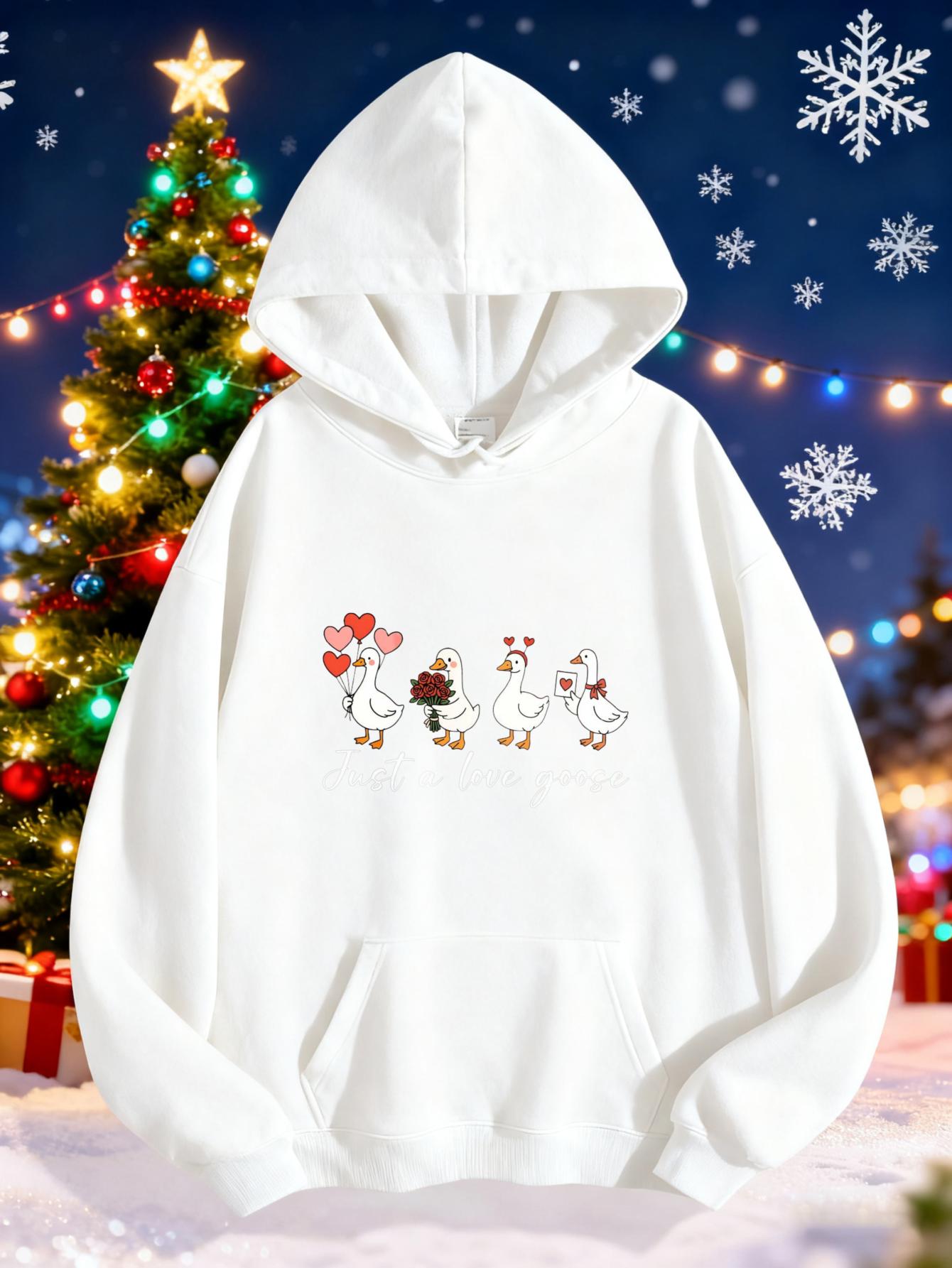 Women's Graphic Hoodie Cute Festive Walking Ducks Under Christmas Tree Night Sky