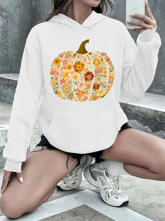 Women's Graphic Hoodie Autumn Garden Flowers Arranged In A Charming Whimsical Pumpkin