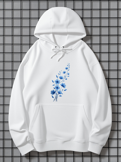 Men's Graphic Hoodie Delicate Blue Watercolor Petals Blooming On White Flower