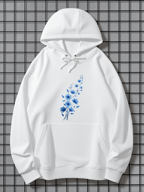 Men's Graphic Hoodie Delicate Blue Watercolor Petals Blooming On White Flower