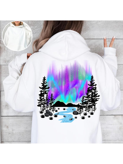 Women's Graphic Hoodie Vivid Aurora Borealis Lighting Up Still River Among Pine Trees Mountain