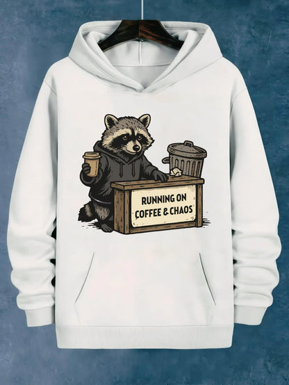 Women's Graphic Hoodie Running On Coffee And Chaos With Trash Bin Holding Coffee Raccoon