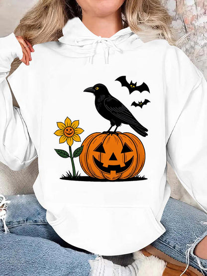 Women's Graphic Hoodie Pumpkin Patch With Crow Sitting Under Flying Bats And Cheerful Sunflower