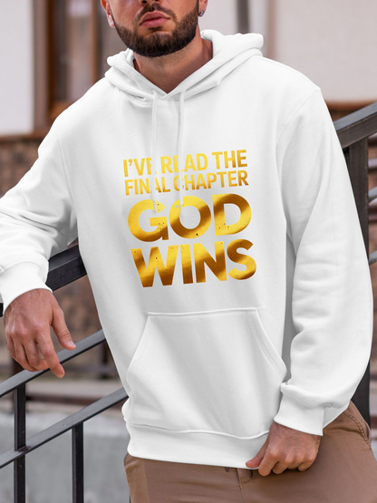 Men's Graphic Hoodie Ive Read The Final Chapter Bold Gold Letters Radiating Light On White Hoodie