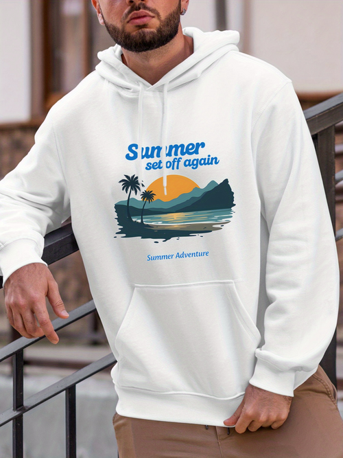 Men's Graphic Hoodie Summer Set Off Again Coastal Mountains With Sunset Over Water Palms And Adventure Landscape