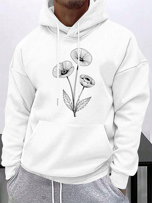 Men's Graphic Hoodie Delicate Hand Drawn Three Blooming Floral Stems Botanical Flower