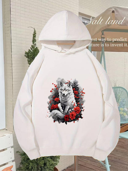 Women's Graphic Hoodie Winter Wolf Surrounded By Red Roses Snowy Pine Forest Wolf