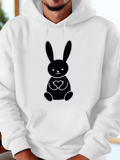 Men's Graphic Hoodie Simple Black Silhouette Rabbit With Heart Motif Among Gentle Lines Rabbit