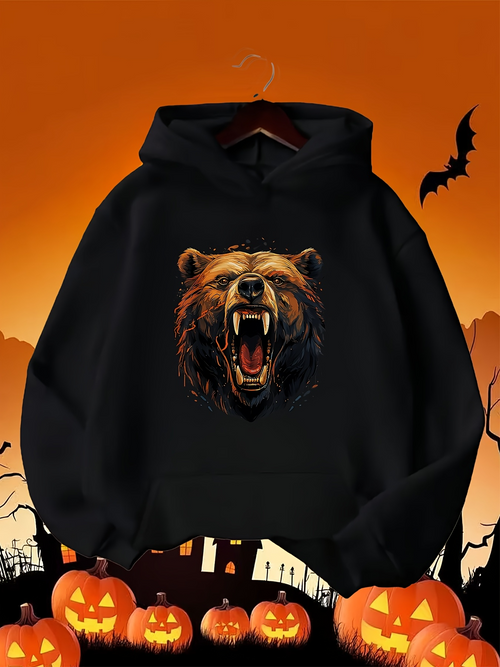 Men's Graphic Hoodie Roaring Fierce Wild Animal Among Autumn Forest Bear