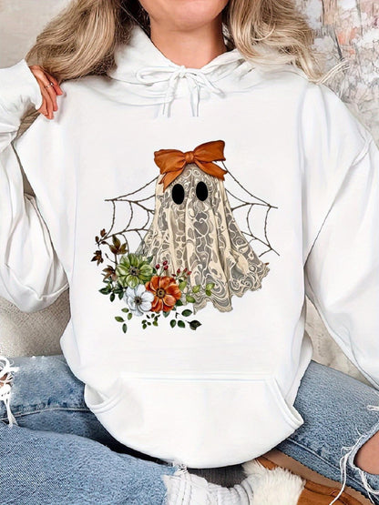 Women's Graphic Hoodie Vintage Lace Ghost With Brown Bow And Autumn Flowers Surrounded By Spiderweb