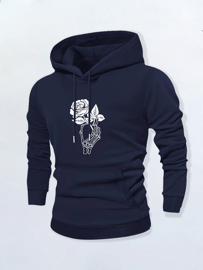 Men's Graphic Hoodie Delicate Hand Holding Blooming Rose Flower With Intricate Line Work