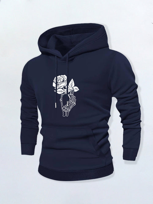 Men's Graphic Hoodie Delicate Hand Holding Blooming Rose Flower With Intricate Line Work