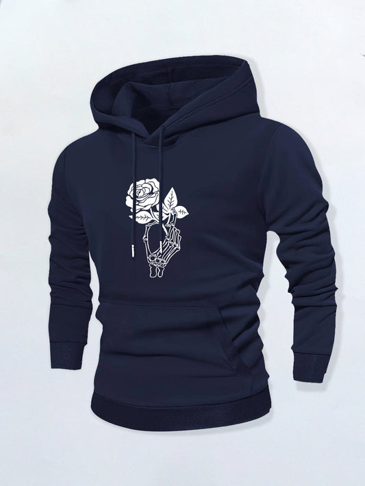 Men's Graphic Hoodie Delicate Hand Holding Blooming Rose Flower With Intricate Line Work