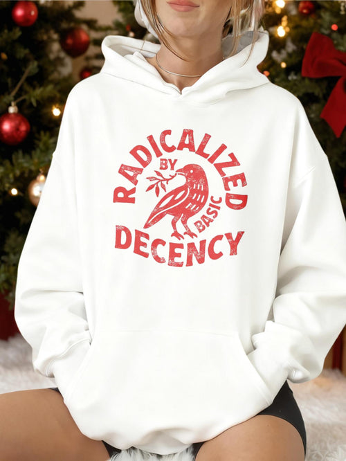 Women's Graphic Hoodie Radicalized By Basic Decency With Red Graphic Shrimp Centerpiece