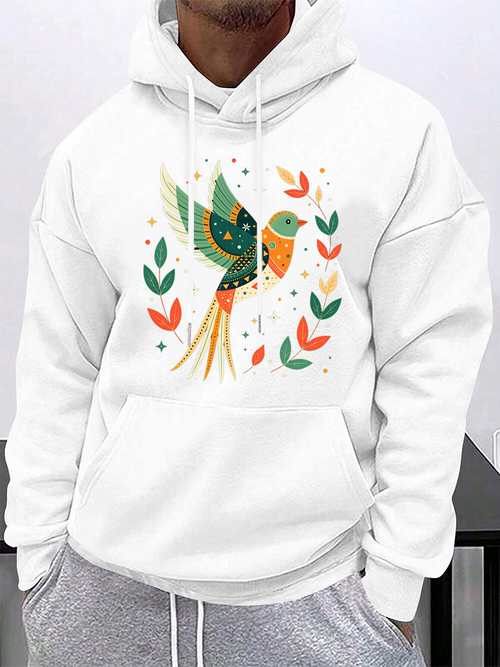 Men's Graphic Hoodie Colorful Art Deco Leaves Floating Around Abstract Bird
