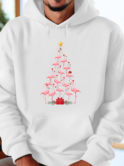 Men's Graphic Hoodie Stacked Pink Flamingos Forming A Christmas Tree With Presents Underneath Flamingo