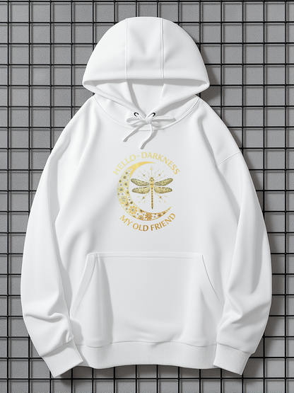 Men's Graphic Hoodie Good Luck Around Crescent Moon With Sparkling Dragonfly Motif