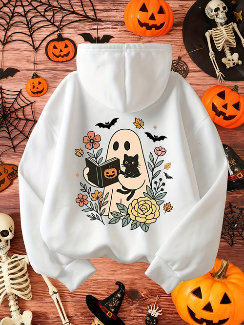 Women's Graphic Hoodie Adorable Ghost With Book Surrounded By Flowers And Playful Black Cat