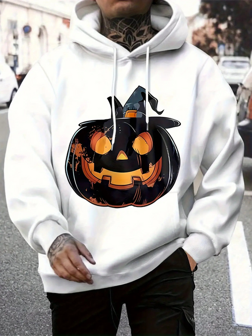 Men's Graphic Hoodie Glowing Halloween Pumpkin With Witch Hat Playful Expression Pumpkin