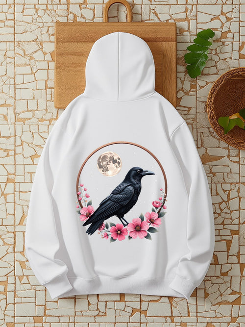 Women's Graphic Hoodie Delicate Blossoms With Lush Petals Encircling A Dark Majestic Raven
