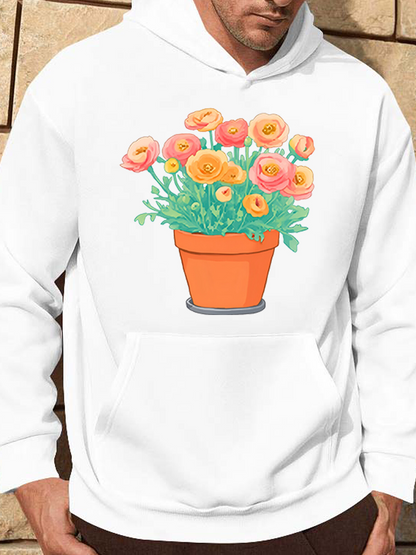 Men's Graphic Hoodie Vivid Blooming Petals In Clay Pot Surrounded By Lush Greenery Flower