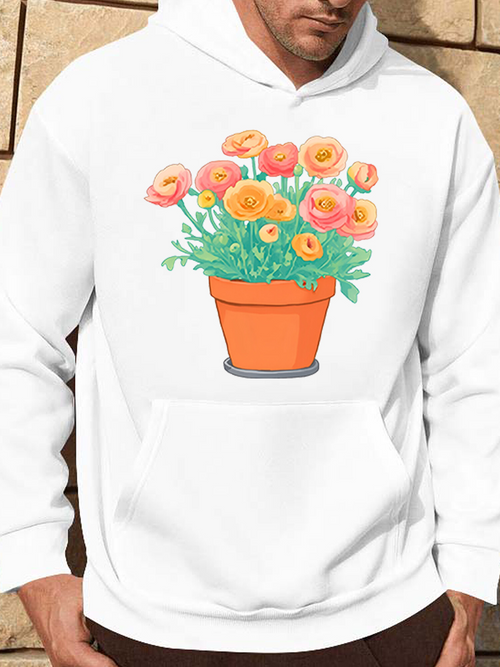 Men's Graphic Hoodie Vivid Blooming Petals In Clay Pot Surrounded By Lush Greenery Flower