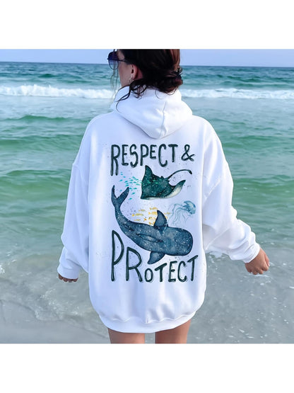 Women's Graphic Hoodie Respect And Protect With Powerful Ocean Blue Whale