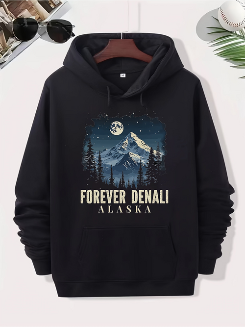 Men's Graphic Hoodie Forever Denali Night Sky Among Pine Forest And Snowy Mountain