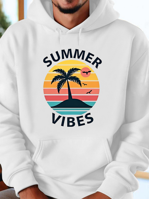 Men's Graphic Hoodie Summer Vibes Sunset With Palm Trees And Flying Seagulls Island
