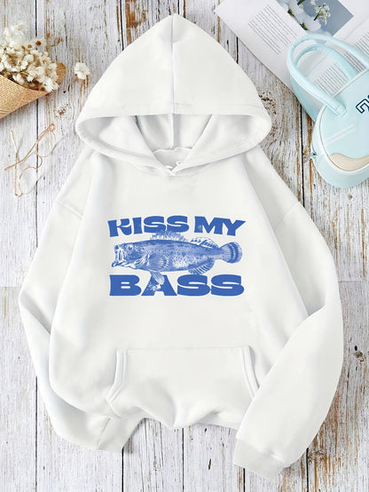 Women's Graphic Hoodie Kiss My Bass With Blue Lettering Surrounding A Swimming Fish Bass