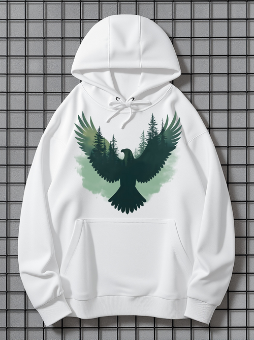 Men's Graphic Hoodie Majestic Forest Silhouette Birds In Flight Among Evergreen Pine Trees