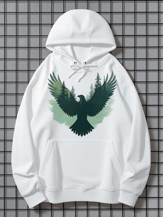 Men's Graphic Hoodie Majestic Forest Silhouette Birds In Flight Among Evergreen Pine Trees