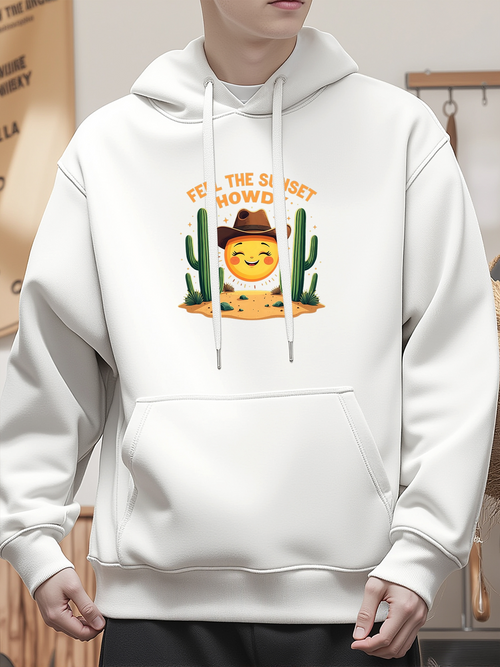 Men's Graphic Hoodie Feel The Sunset Warmth With Smiling Cactus Surrounded By Hats And Desert