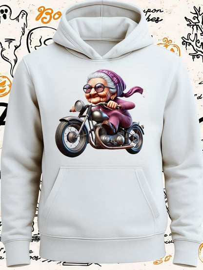 Women's Graphic Hoodie Cheerful Elderly Woman With Scarf Riding A Classic Vintage Motorcycle