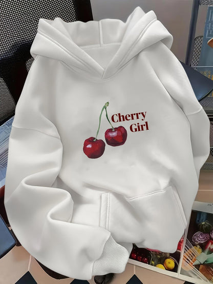 Women's Graphic Hoodie Cherry Girl With Realistic Red Shiny Cherries On White Hoodie