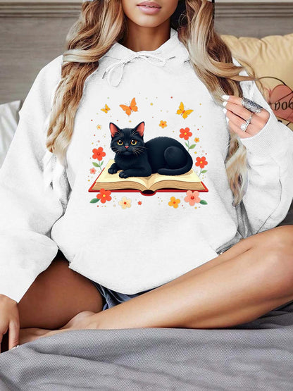 Women's Graphic Hoodie Delicate Orange Blossoms With Butterflies And Open Book Black Cat