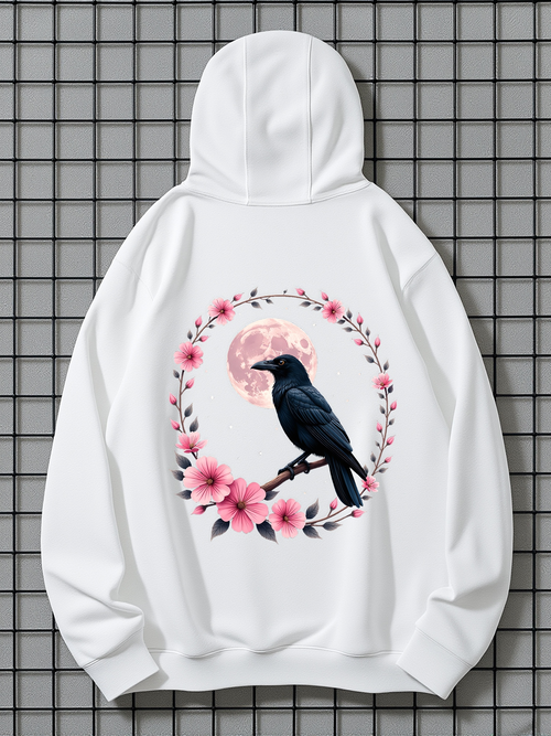 Men's Graphic Hoodie Full Moon Among Pink Blossoms Perched Majestic Black Crow