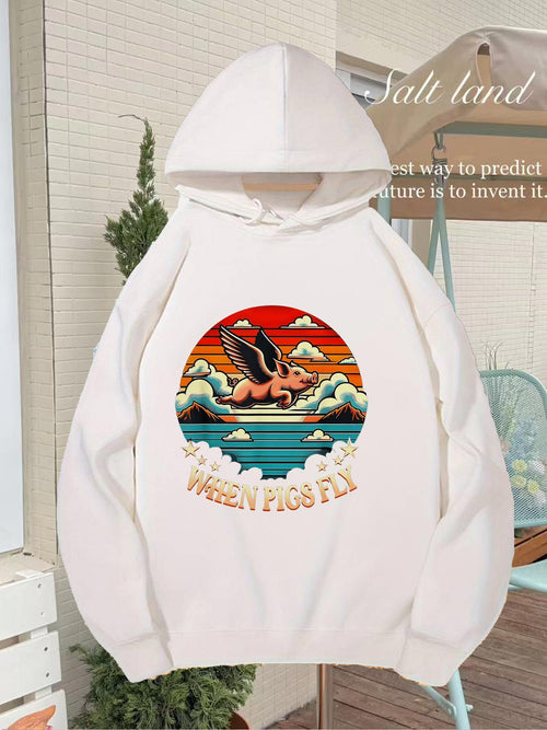 Women's Graphic Hoodie When Pigs Fly Surreal Sunlit Clouds With Vibrant Colorful Background Pig