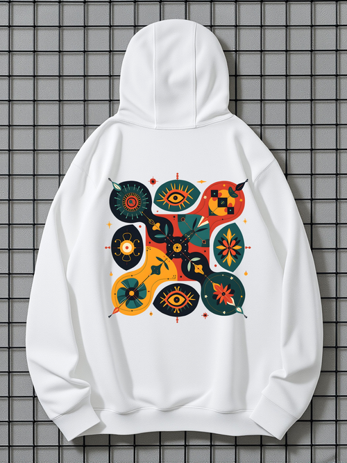 Men's Graphic Hoodie Colorful Abstract Shapes With Eyes Geometric Flowers Arranged In Harmony Pattern