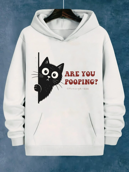 Women's Graphic Hoodie Are You Pooping Funny Black Cat Peeking Around White Hoodie