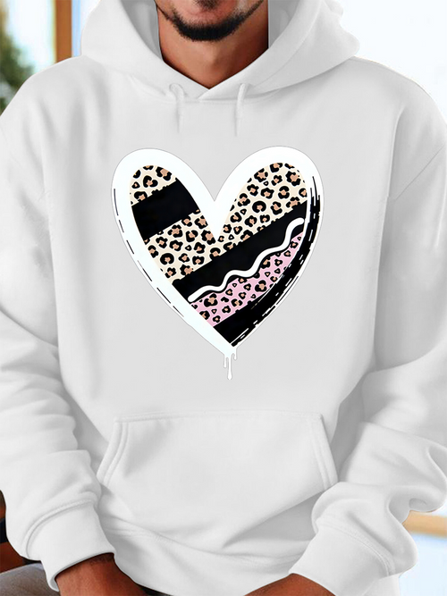 Men's Graphic Hoodie Leopard Patterned Heart With Abstract Lines And Gentle Pink Accents Heart