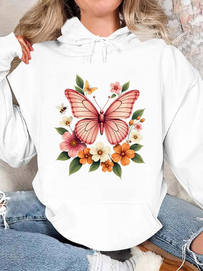 Women's Graphic Hoodie Colorful Spring Flowers With Lush Greenery Surrounding Delicate Pink Butterfly
