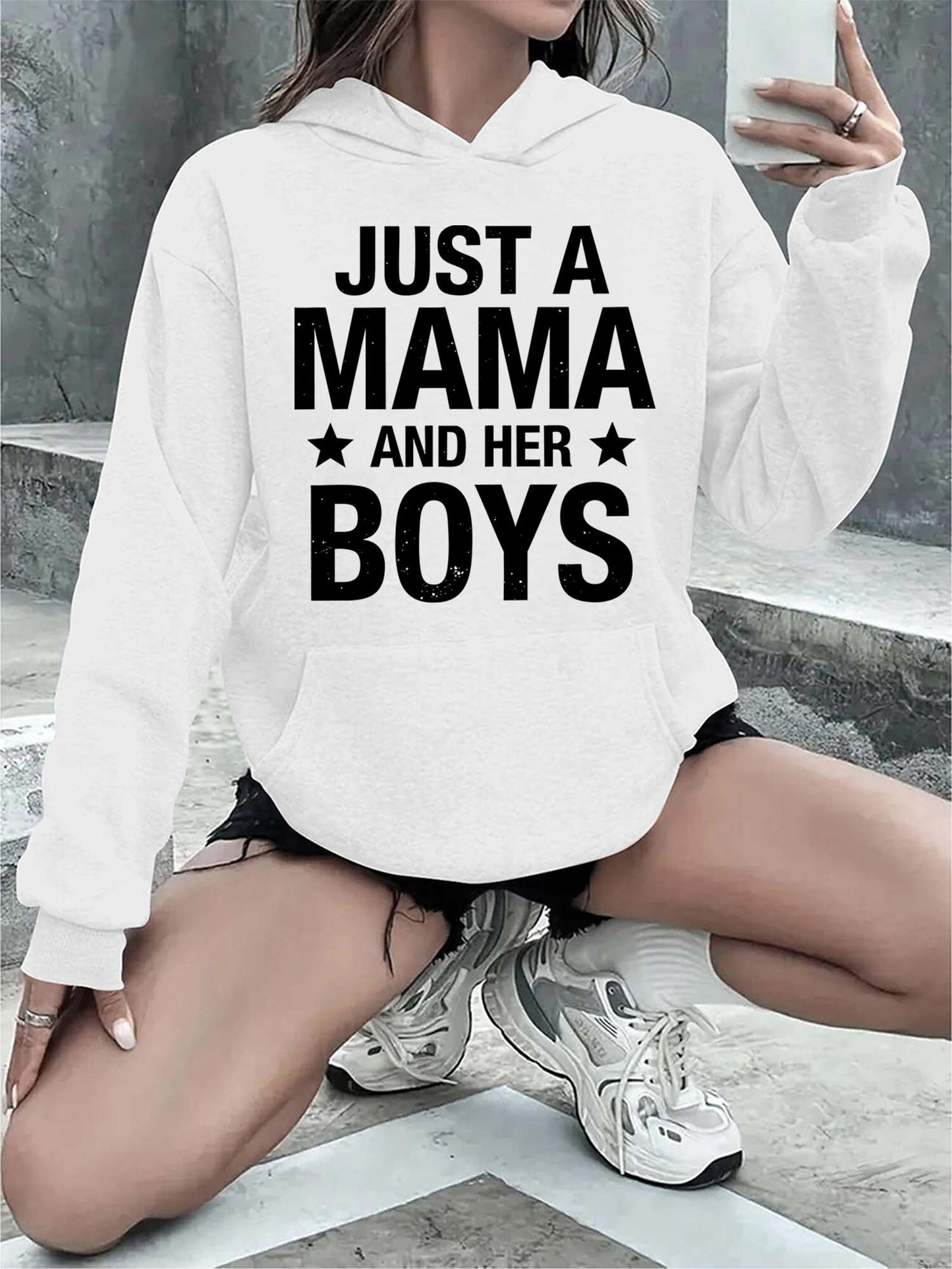 Women's Graphic Hoodie Just A Mama And Her Boys Bold Black Lettering Family Text Hoodie