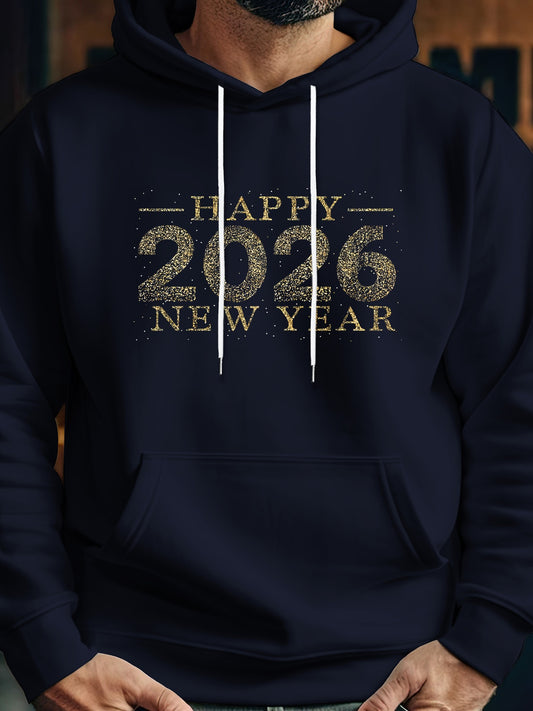 Men's Graphic Hoodie Happy 2026 New Year Celebration With Glittering Sparkles Under Festive Night Hoodie