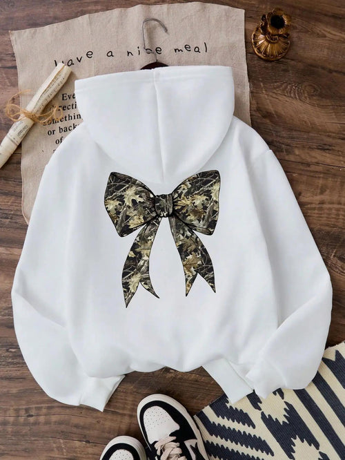Women's Graphic Hoodie Large Camouflage Ribbon Bow On Cozy White Hoodie