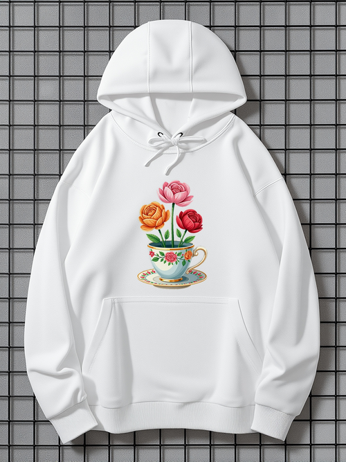Men's Graphic Hoodie Blooming Garden Flowers In Porcelain Teacup Under Morning Light