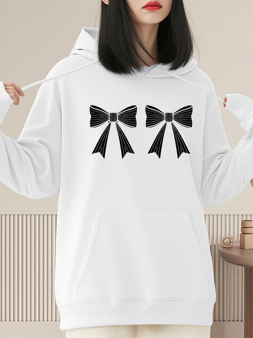 Women's Graphic Hoodie Minimalist Twin Satin Black Ribbon Bows Hoodie
