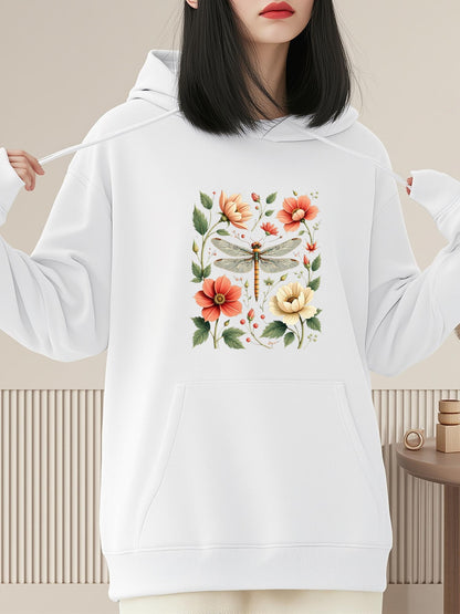 Women's Graphic Hoodie Delicate Blossoms With Lush Greenery And Resting Dragonfly